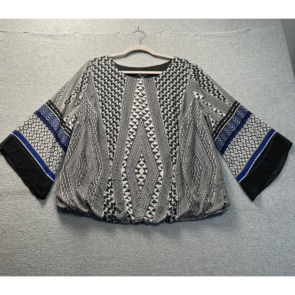 AB Studio Woman Bubble Hem Blouse Womens 1X Black White Blue Geometric Plus Size